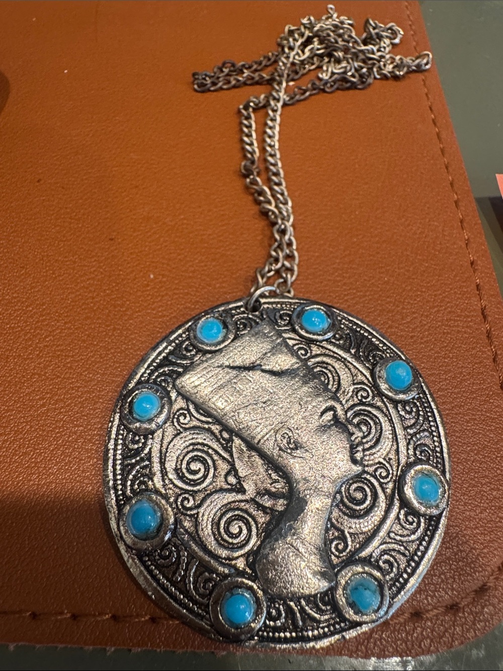 Unk Silver-Tone Egyptian Profile Pendant Necklace with Blue Accents